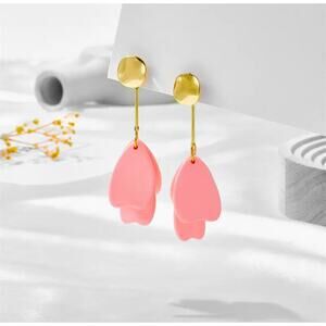 Trendy clip on 3" long gold wire pink petal straight earrings